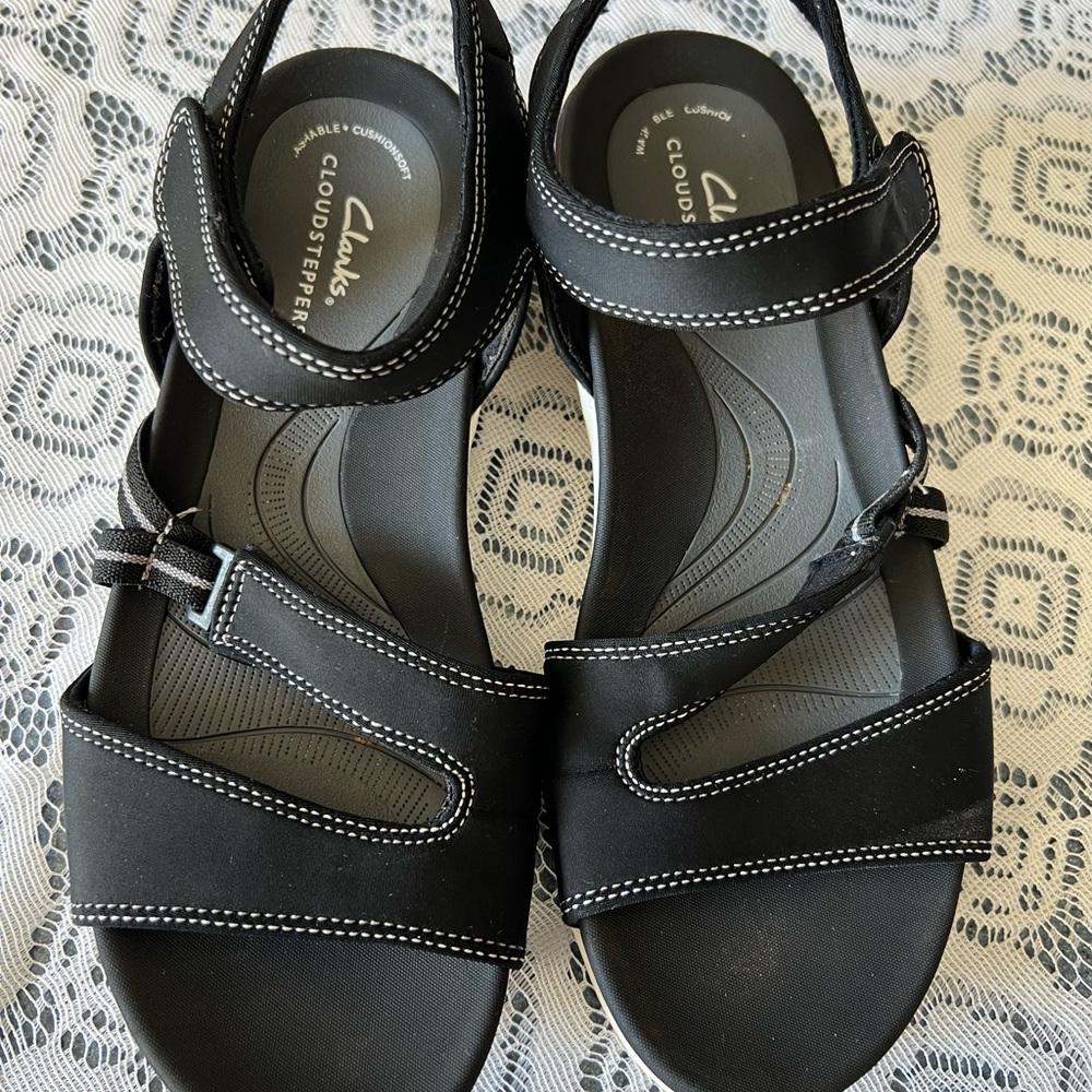 Clarks Black Sandals with White Accents